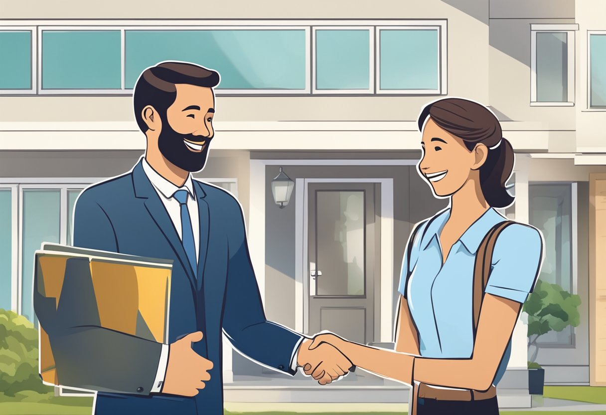 A real estate agent shaking hands with a satisfied seller in front of a sold sign, with a smiling buyer in the background