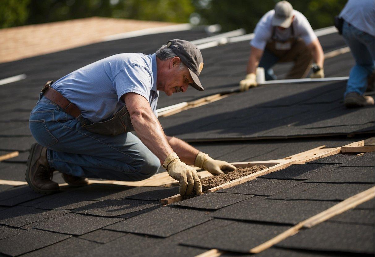 A crew lays down asphalt shingles on a suburban Long Island roof. The sun casts long shadows as the workers move methodically across the surface