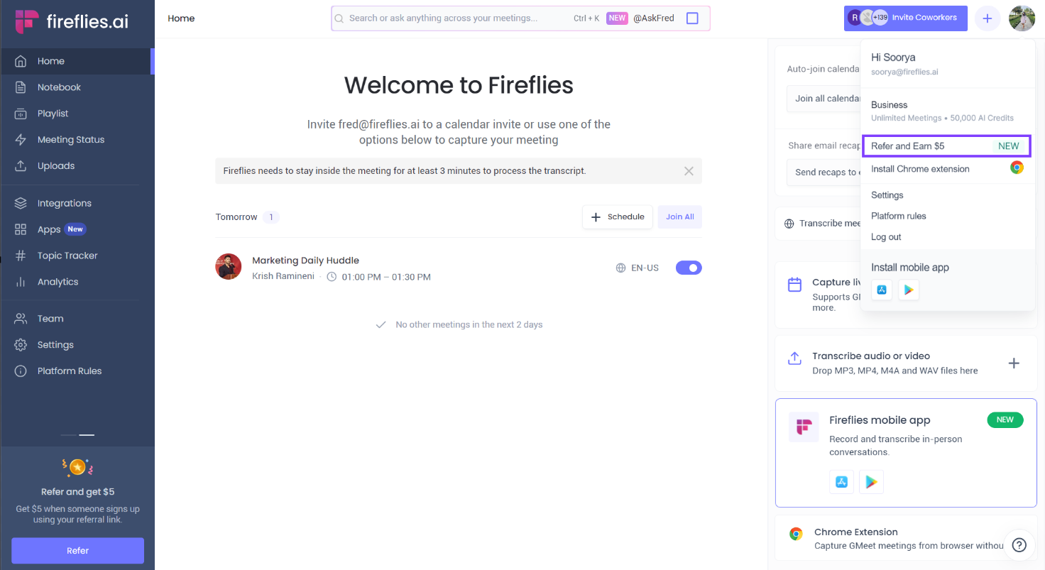 Earn paid credits with the Fireflies referral program