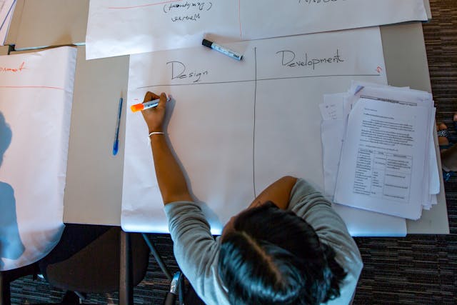 A person writing on a large piece of paper with other papers and markers around