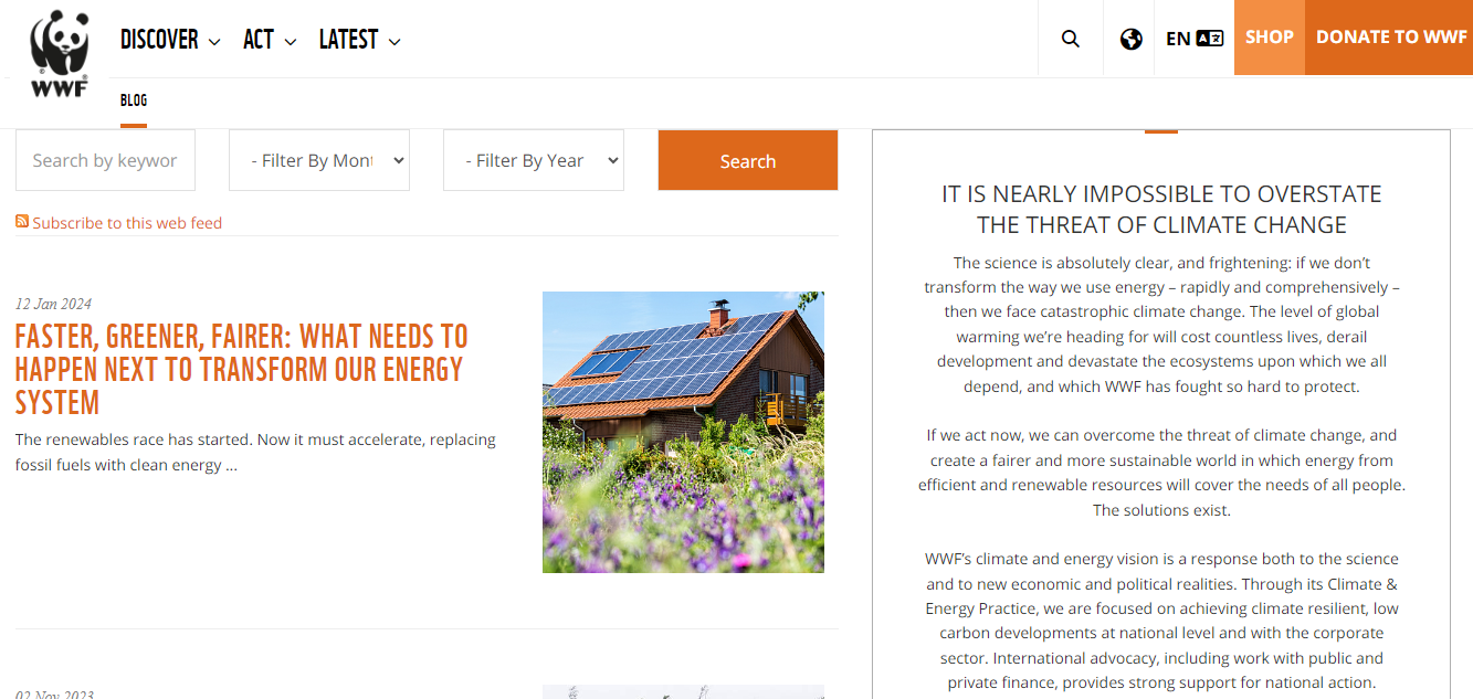 Climate and energy section of the from the trending blog WWF