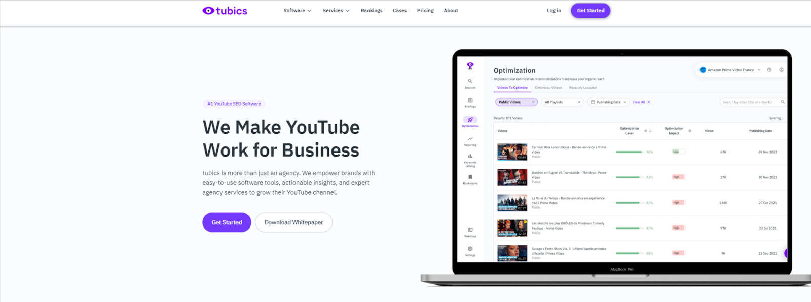 Tubics homepage featuring platform  YouTube monitoring solutions and pricing for business.