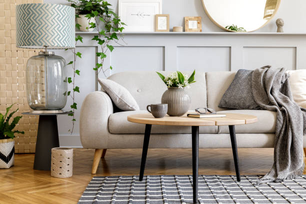 Scandinavian concept of living room interior with design sofa, coffee table, plant in pot, lamp, carpet, plaid, pillow, shelf, decoration and personal accessories in modern home staging.