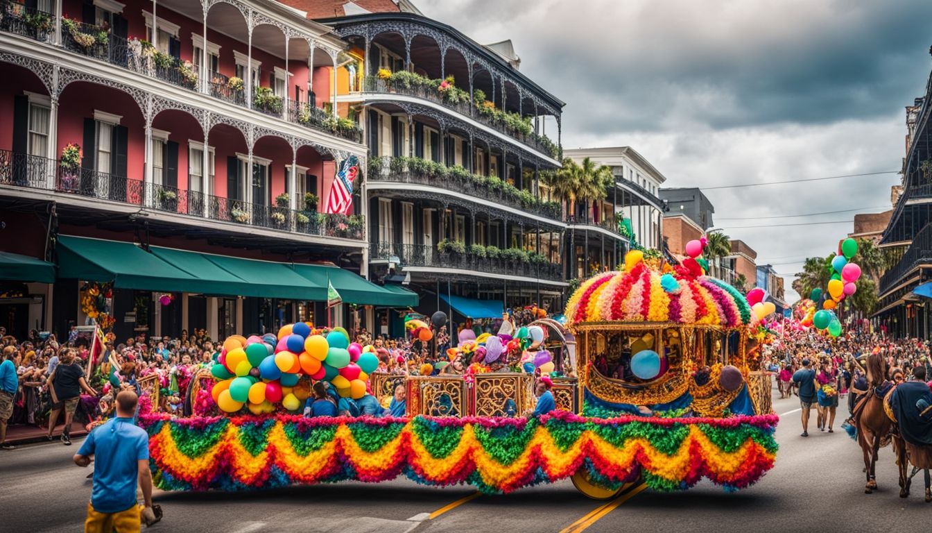 A vibrant parade of floats moving through the streets of New Orleans.