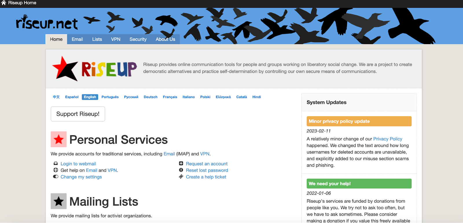 Captura de tela do Riseup na dark web