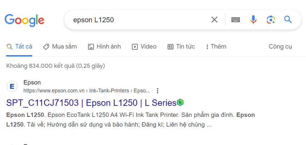 Tìm kiếm Driver máy in Epson L1250 trên Google 