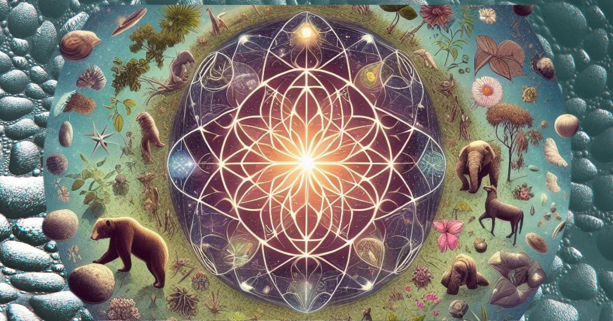An image representing the concept of biocentrism, with various symbols and elements related to consciousness and nature.
