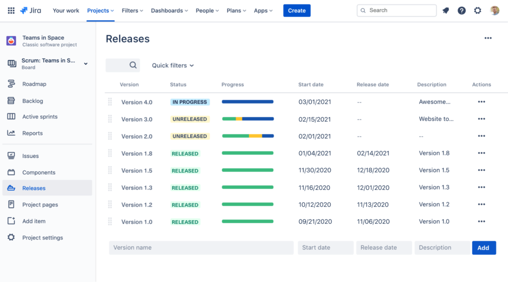 Jira’s release management tool