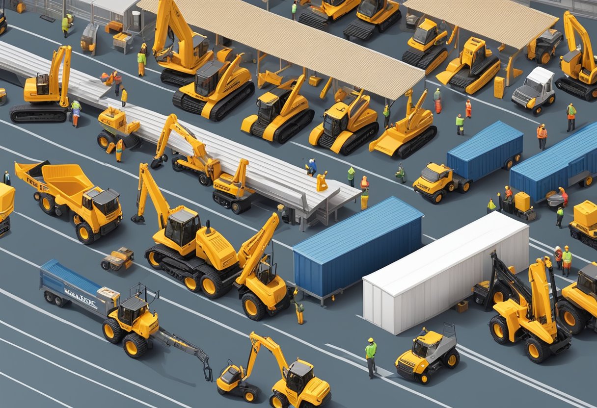 A bustling market with rows of 1:50 scale diecast construction equipment displayed on tables. Customers inspecting and purchasing various models