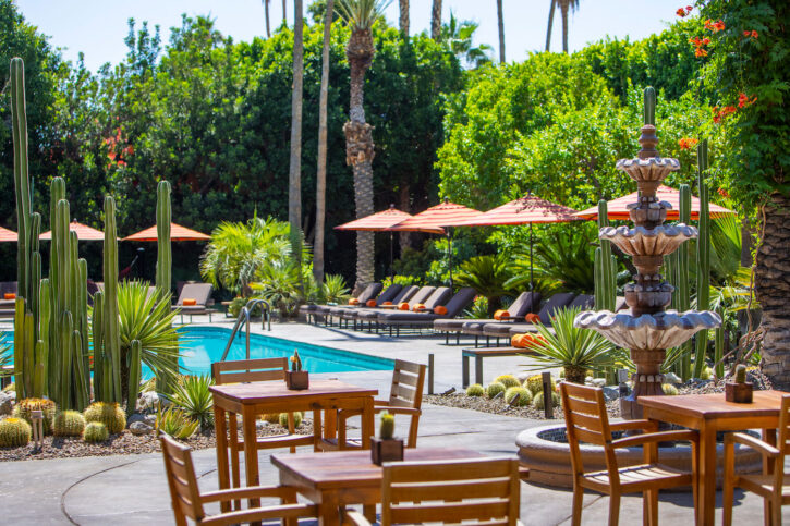 outdoor photo of pool and lounge setup for gay male clothing optional resort Santiago Resort located near the san jacinto mountains in palm springs california