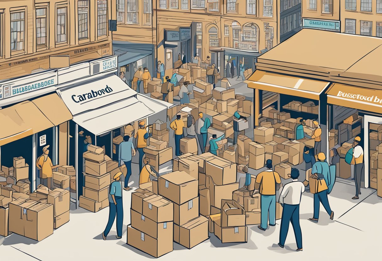 A bustling marketplace with cardboard boxes stacked high, a sign reading "Cardboard Box Business - Start Here" in bold letters, and people discussing business plans and strategies