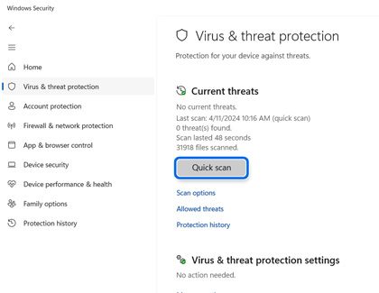 Quick scan highlighted in Virus and threat protection screen