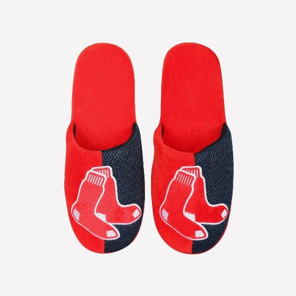 A pair of red slippers with socks on them

Description automatically generated