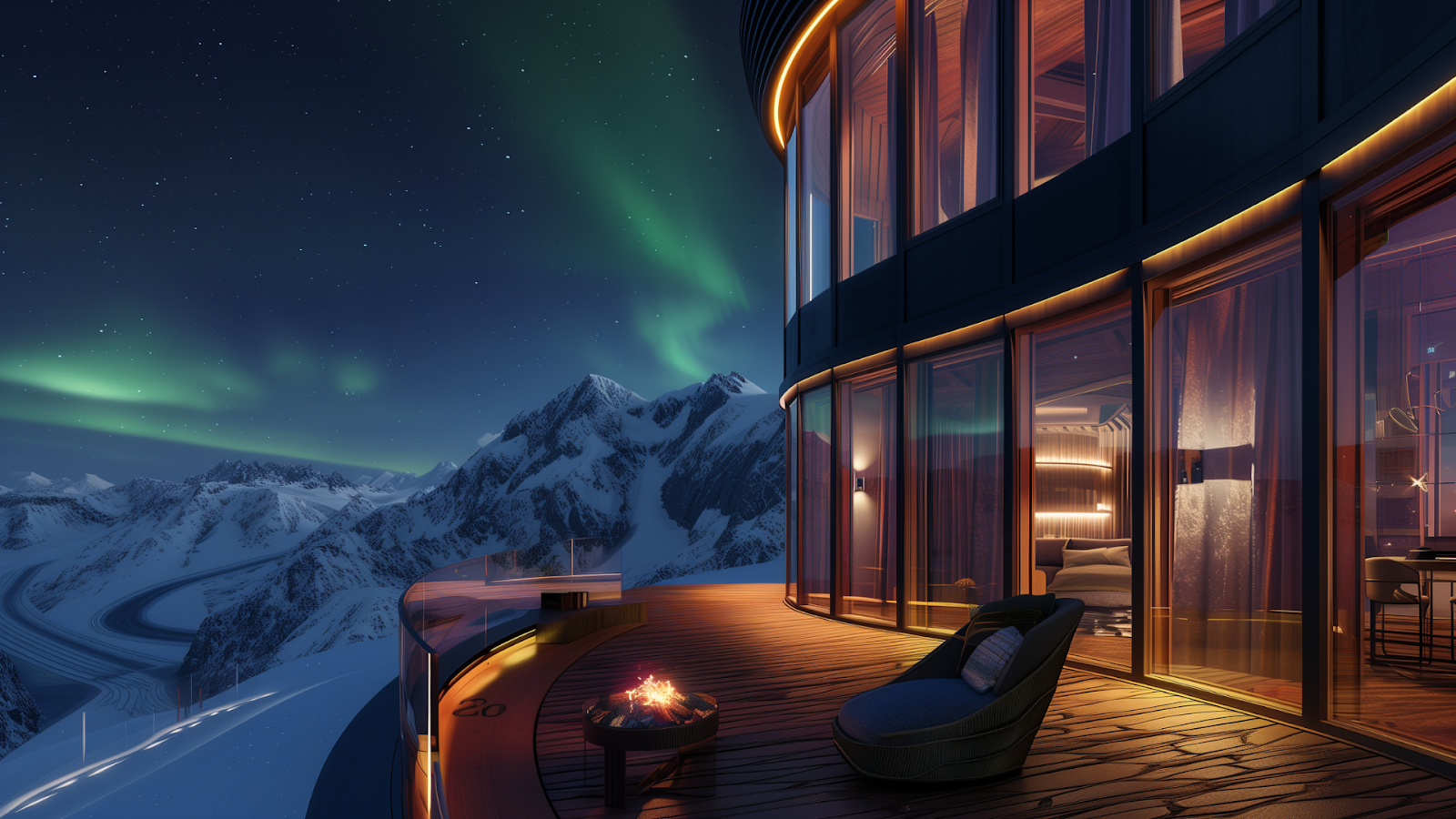 Observatory deck of a luxury retreat with a view of snow-capped mountains under the northern lights.