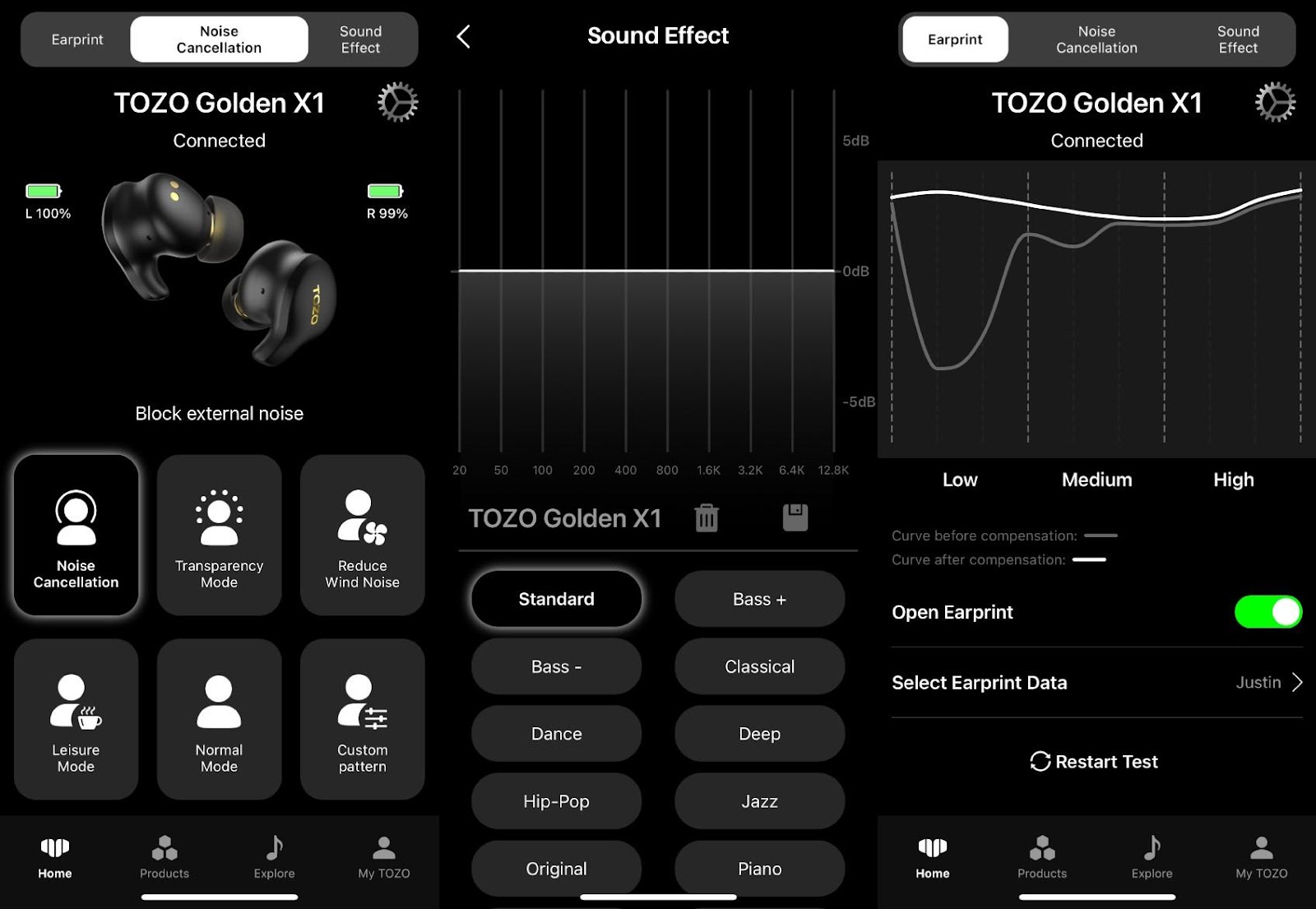 TOZO Golden X1 Bluetooth Earbuds app settings