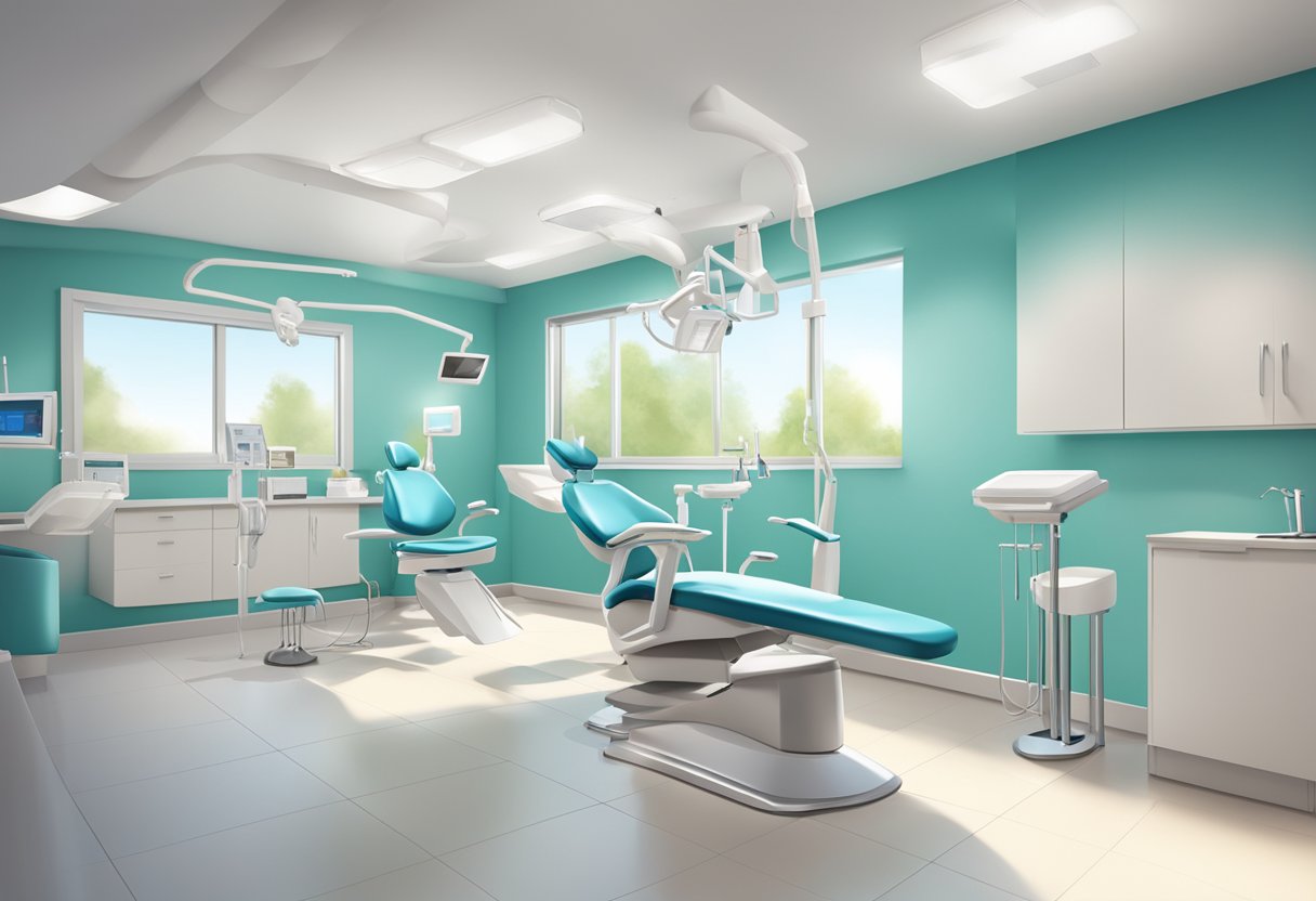 A modern dental clinic with bright, clean waiting area, dental chairs, and equipment