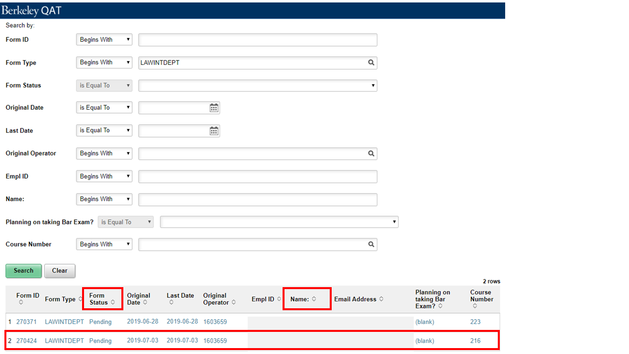 "Form Status", "Name", and second row (for example purposes) emphasized with red box highlight.