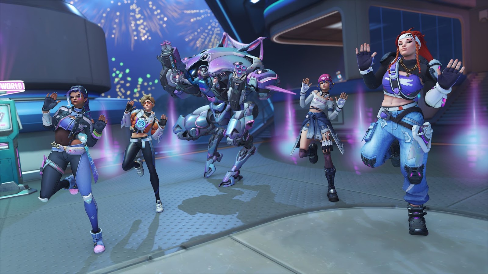 A screenshot of Overwatch 2 characters doing the Antifragile choreography from the Le Sserafim x Overwatch 2 collab. 