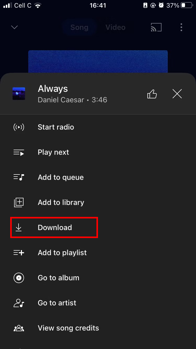 A mobile screenshot of a YouTube Music app screen with the Download option in the dropdown menu highlighted in red