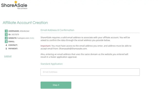 shareasale sign up page: next step account 