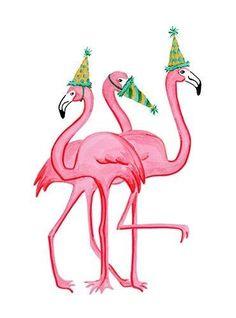 This may contain: two pink flamingos wearing party hats and standing next to each other