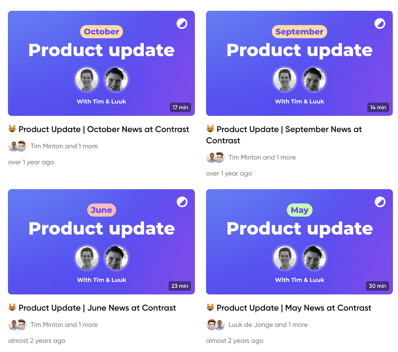 Screenshot of product updates being hosted on the Contrast platform