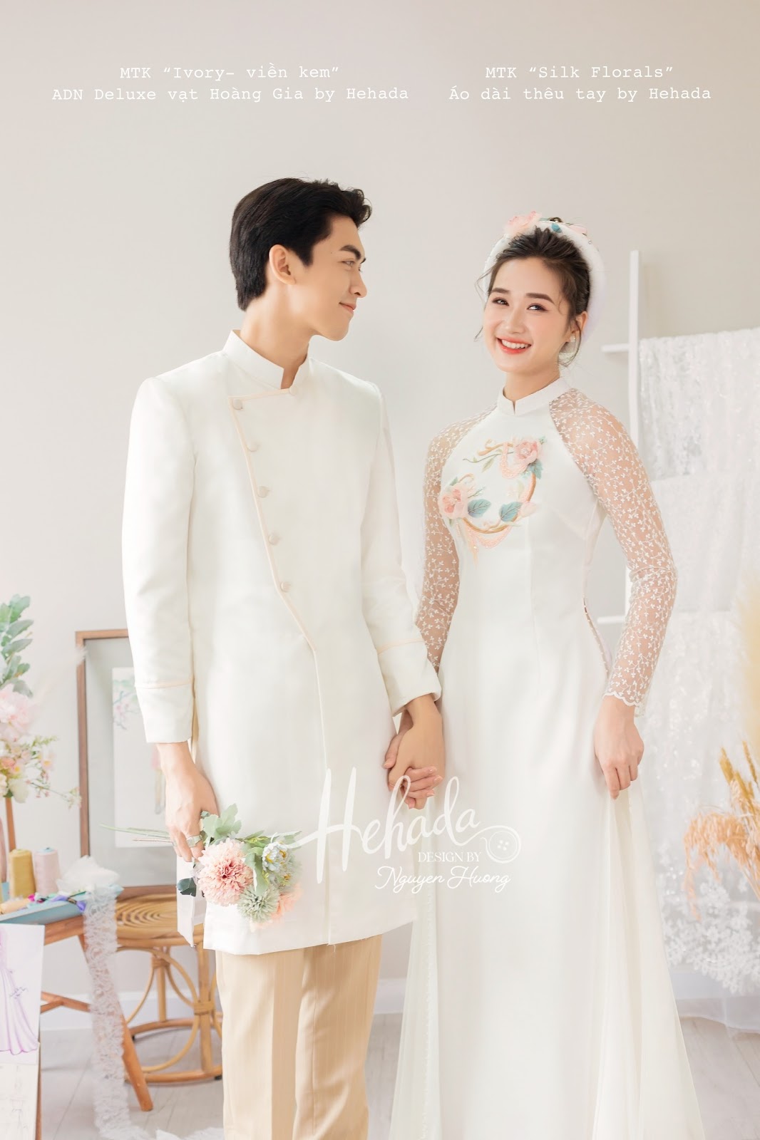 Cặp áo dài nam Ivory & nữ Silk Floral Trắng