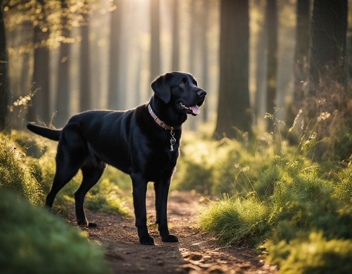 a black labrador retriever standing near the woods