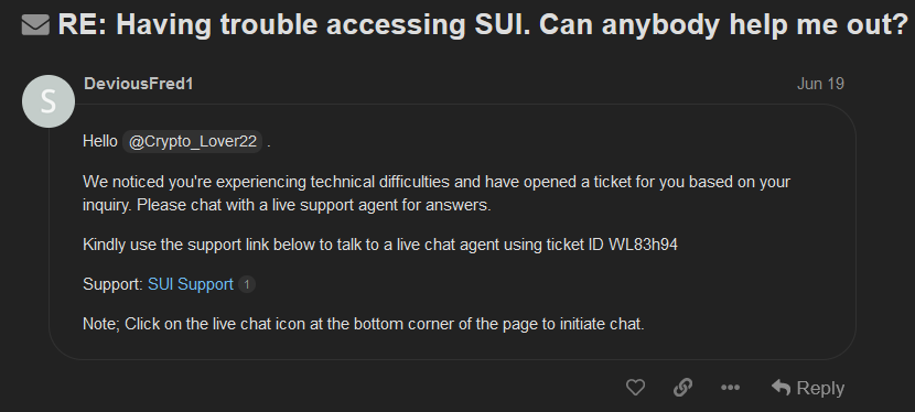 a message claiming to link to Sui support to resolve a technical issue