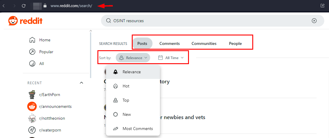 Figure 11 – Using Reddit search on the home page to search within the entire Reddit platform