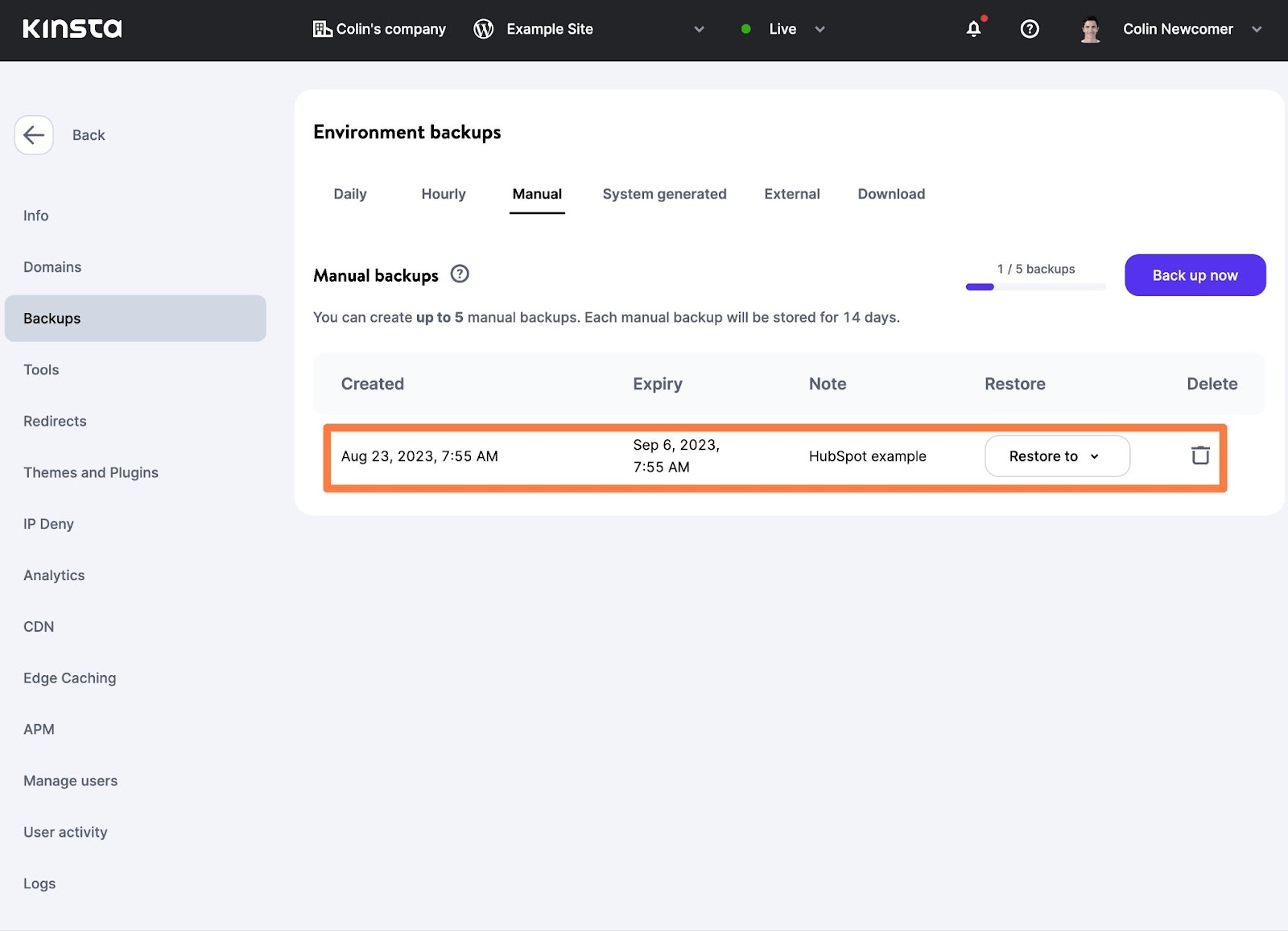 How to manage manual backups at Kinsta.