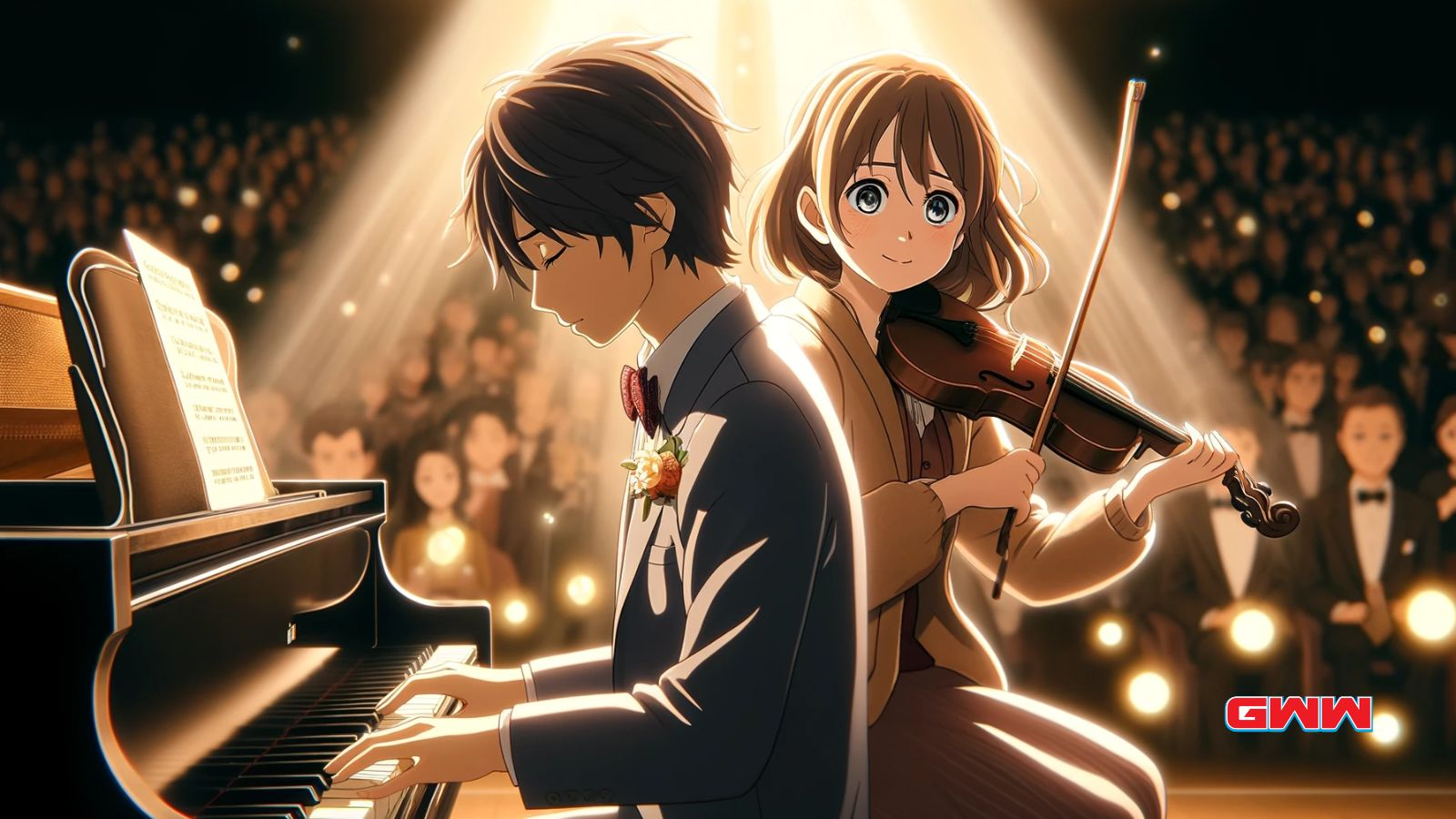 Kousei y Kaori actuando juntos en el mejor anime de romance