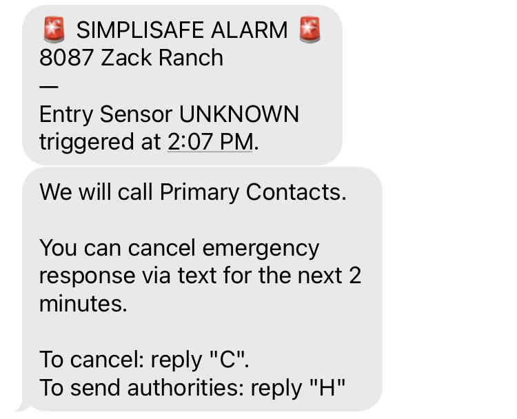 Sample Alarm text of Entry Sensor trigger message with note saying primary contacts will be called and the option to cancel or send authorities via text.