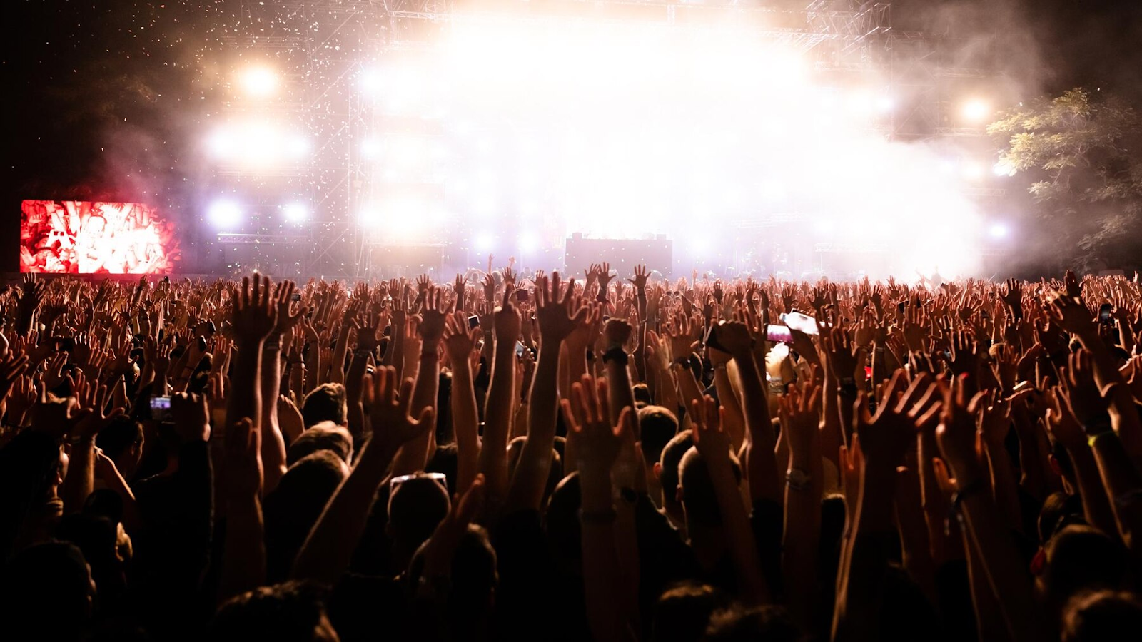 Excited people with arms raised up during a music festival.