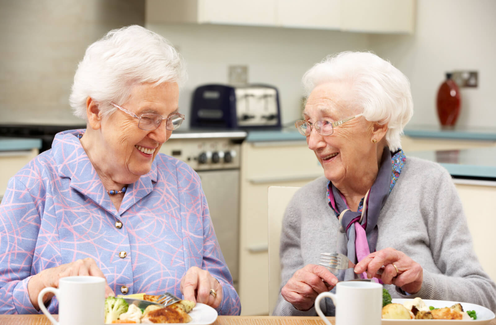 Two older adult women enjoying a healthy meal.