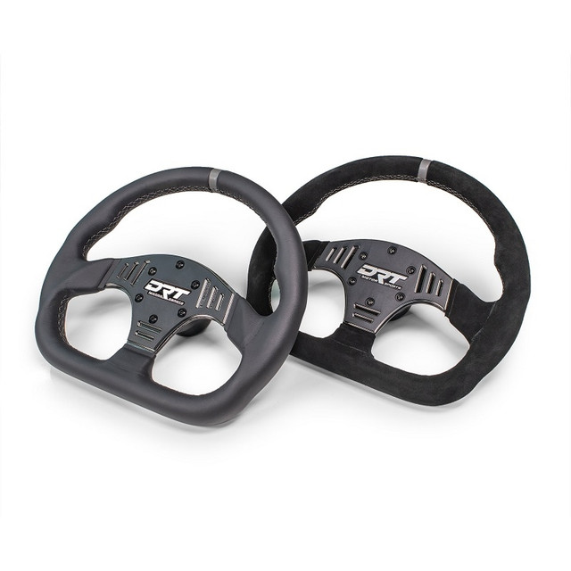 Two Honda Talon D-Shape Steering Wheels by DRT Motorsports sitting next to each other, uninstalled and against a blank background