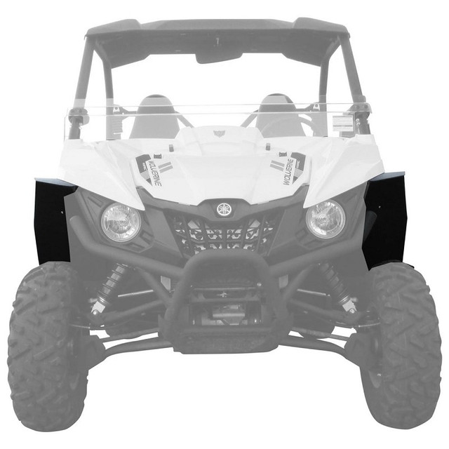 A front-facing image of a Yamaha UTV with MudBuster Fender Flares installed, against a blank background. The flares are highlighted while the rest of the vehicle is faded to create emphasis.