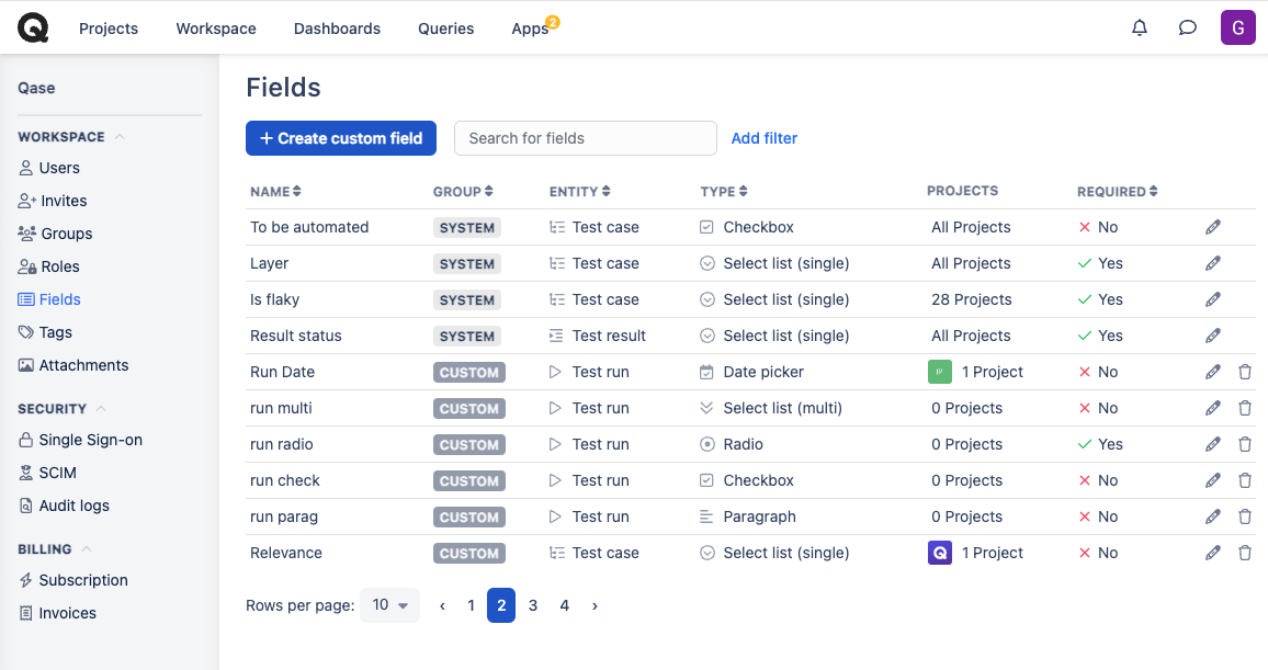 Qase Fields view showing a mix of default and custom statuses