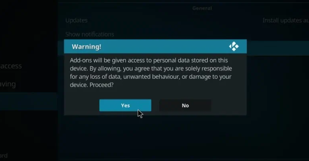 Kodi app giving a warning in settings menu with black background