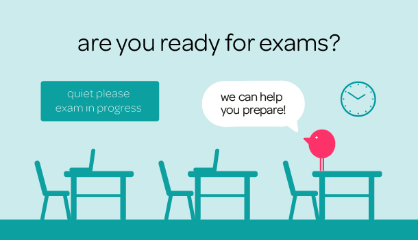 Image representing an empty exam room with a quiet please exam in progress sign.  Above is the question are you ready for exams and we can help you prepare!