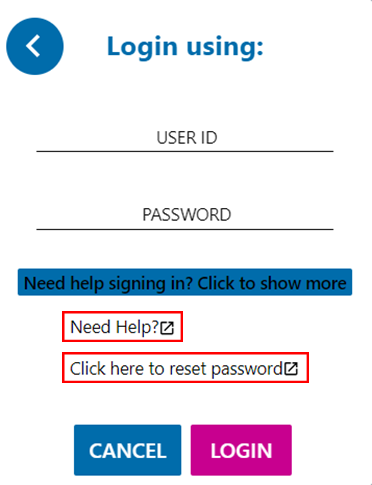 Login screen with 'Need Help?' and 'Click here to reset password' options highlighted