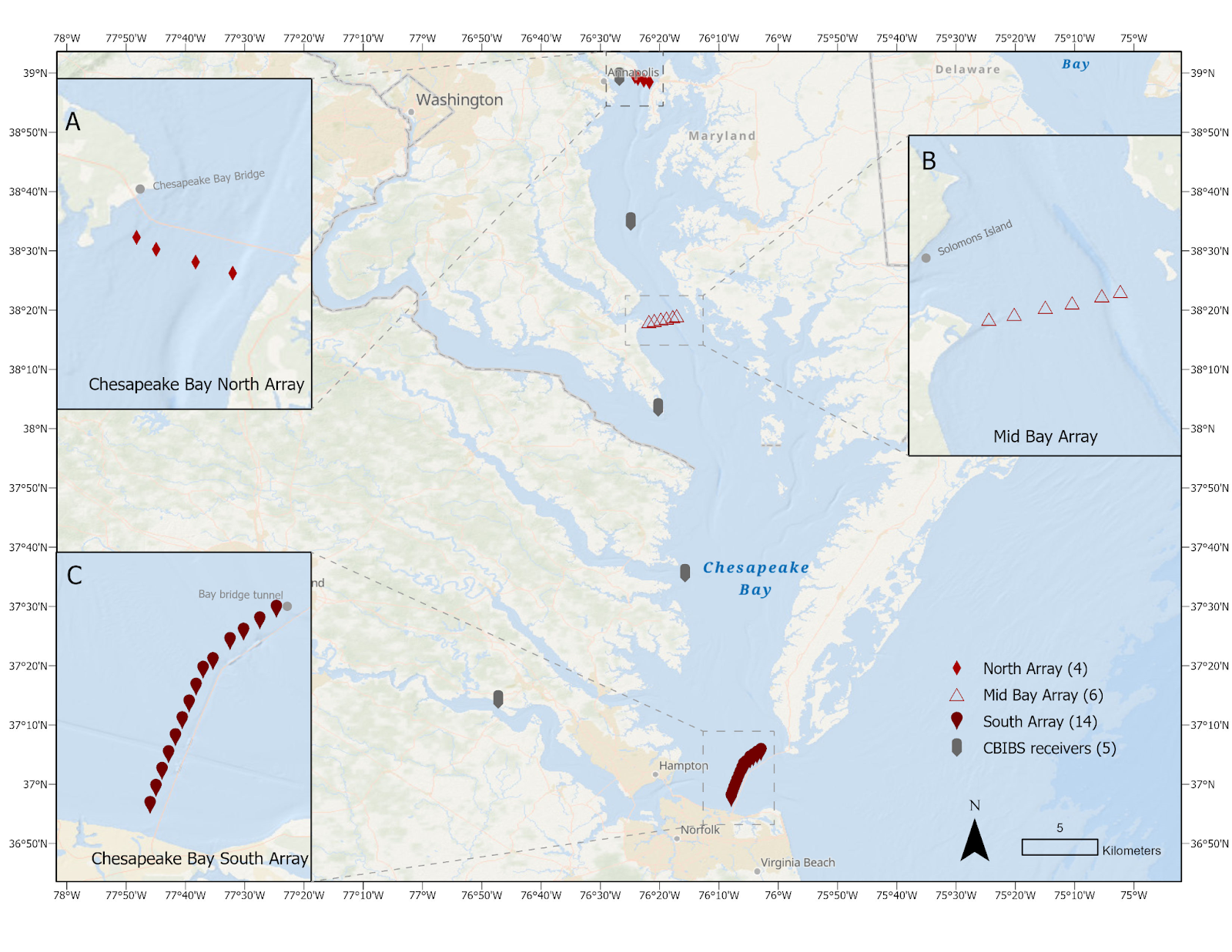Map showing the locations of acoustic telemetry receivers in the Chesapeake Bay