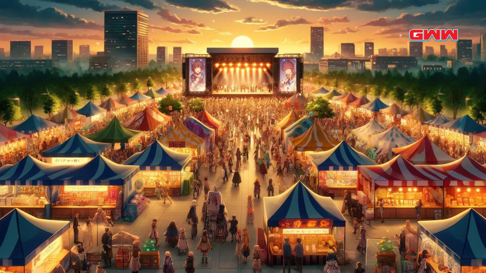 Sunset anime festival with stage and festive stalls
