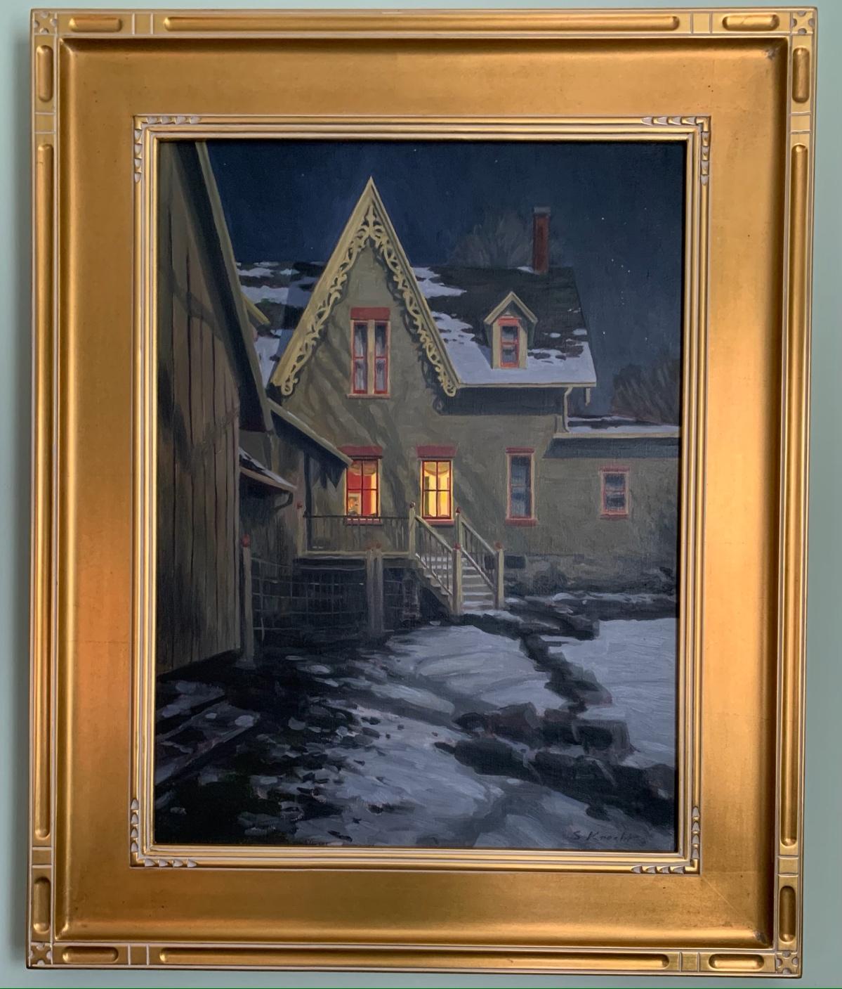 A painting of a house in a gold frame

Description automatically generated