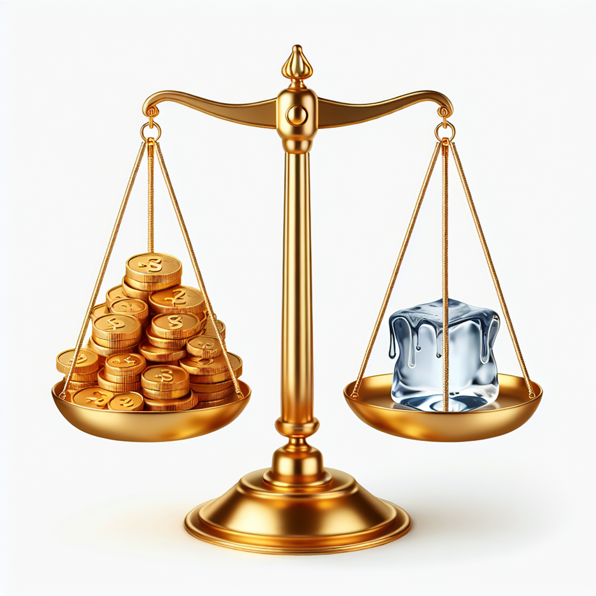 A golden scale with one pan holding a heap of gold coins and the other holding a melting ice cube, perfectly balanced.