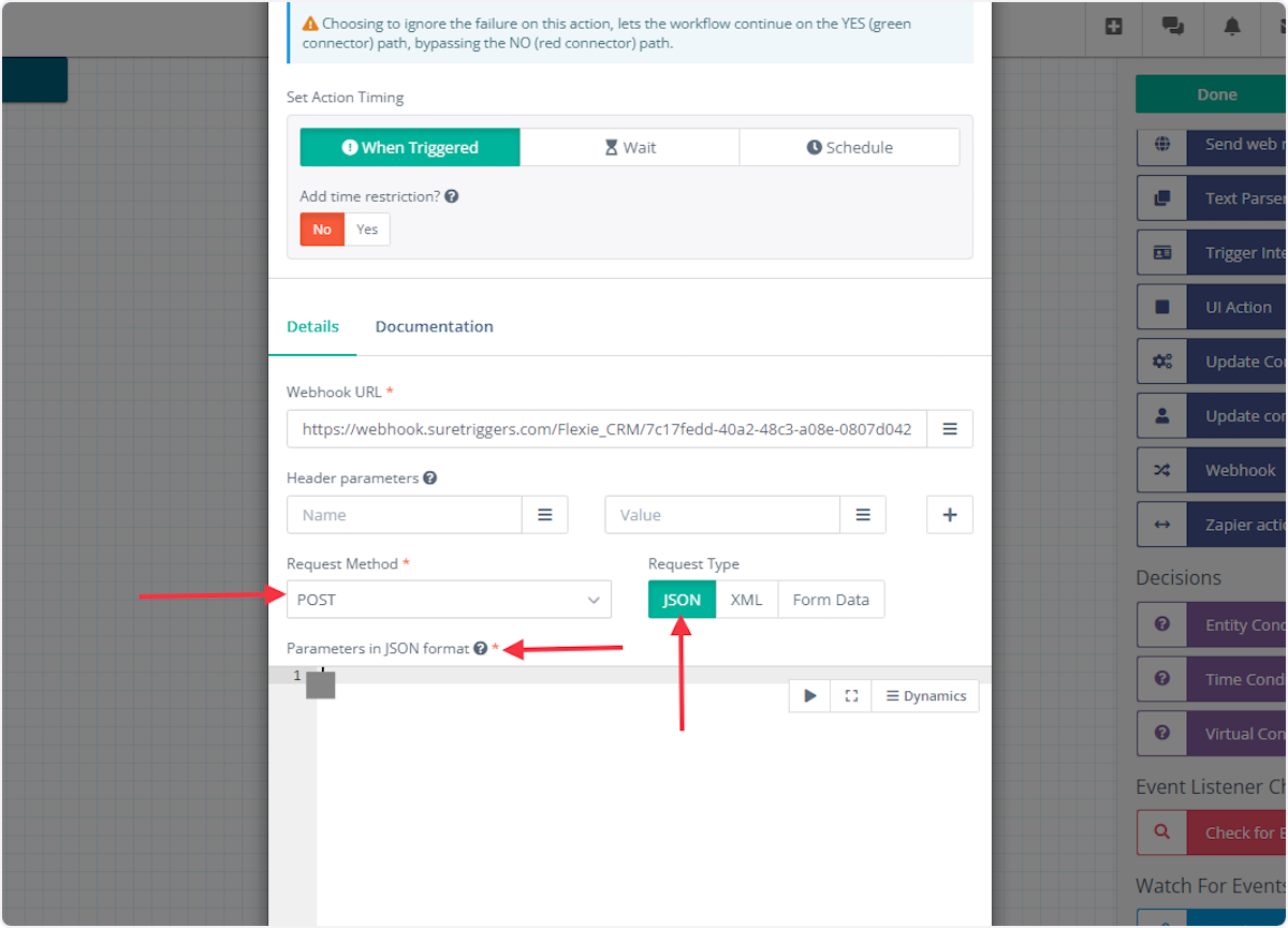 Choose Request Type: JSON, Request Method: POST and add parameters in proper JSON format.