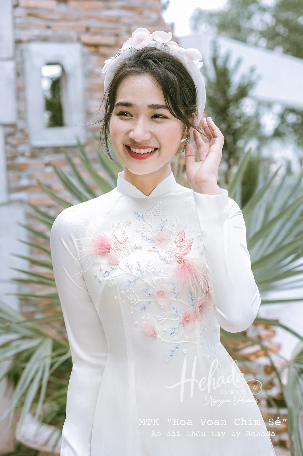 Chi tiết họa tiết áo dài Hoa Voan Chim Sẻ Trắng