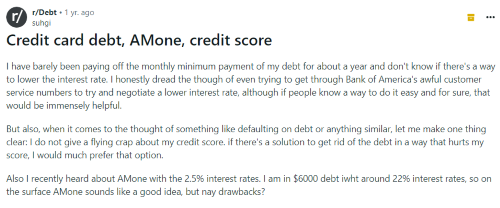 A person on Reddit asks others if there are any drawbacks to using AmOne to pay off debt. 