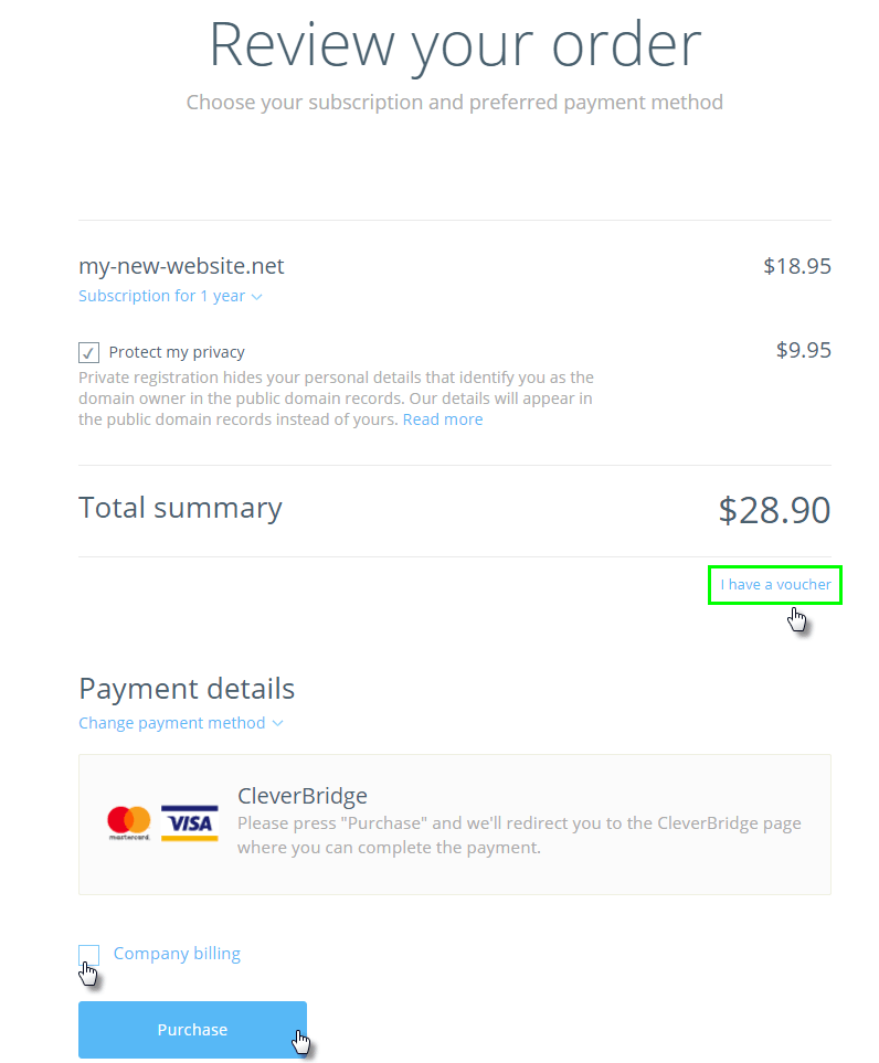 Select the payment method and click on the Purchase button