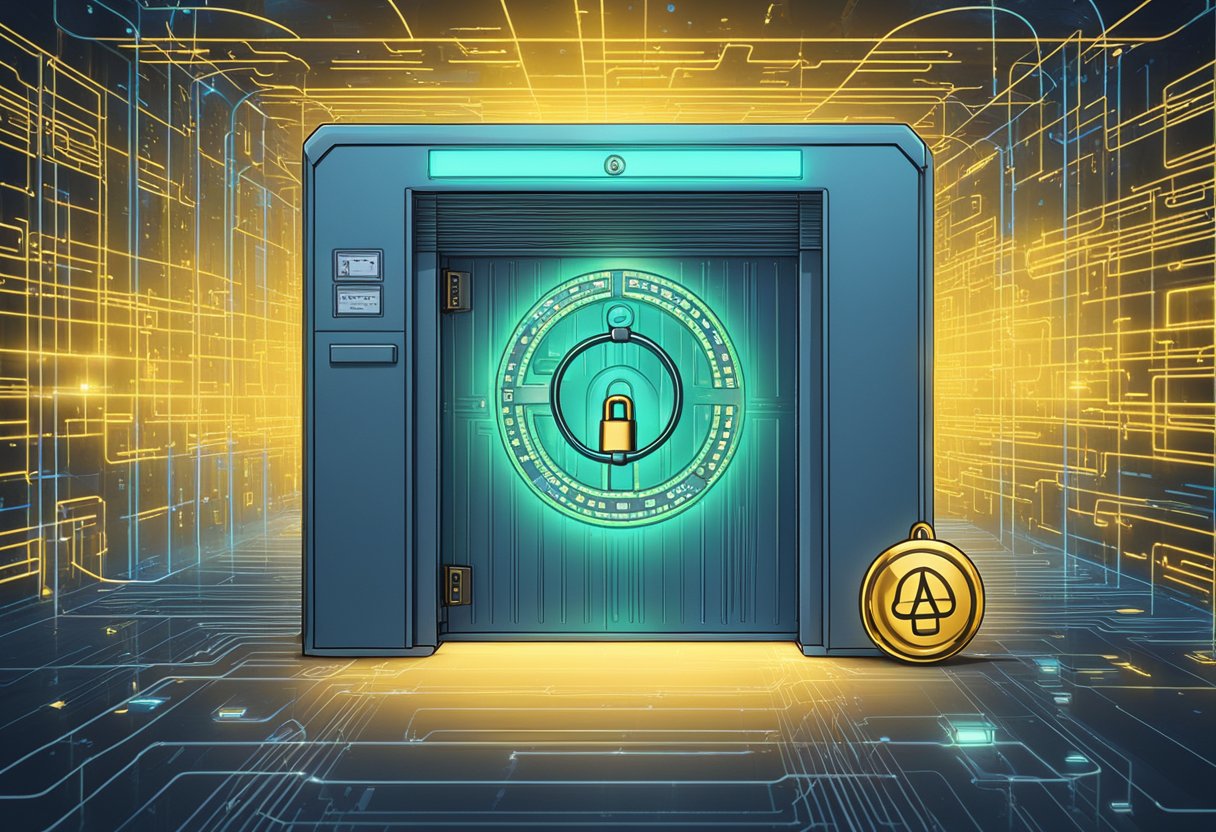 A secure vault with a padlock and digital security measures, surrounded by a glowing, encrypted Ana Cryptocurrency logo